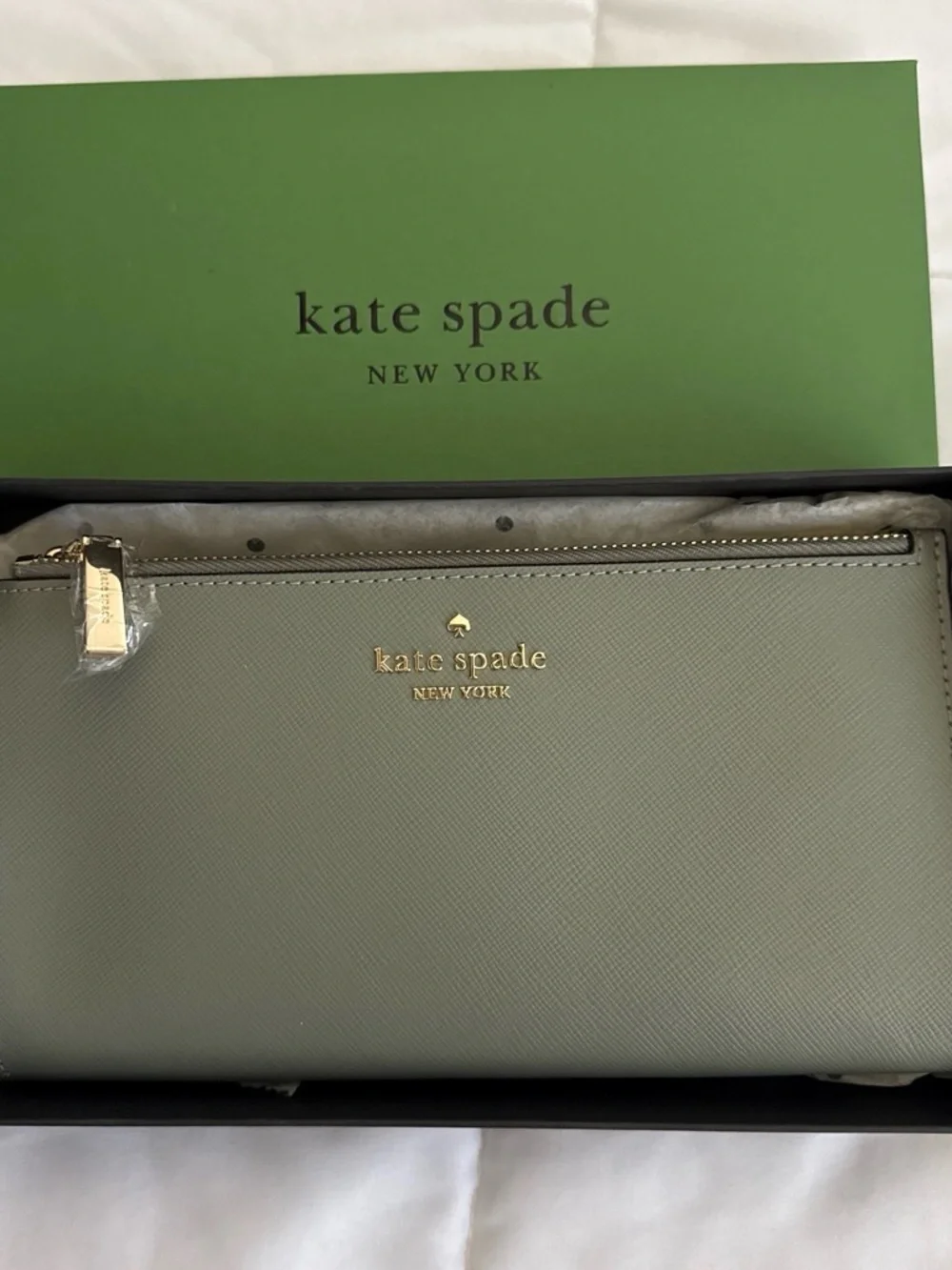 kate spade Sage Green Saffiano Zip Wristlet with Gold Logo